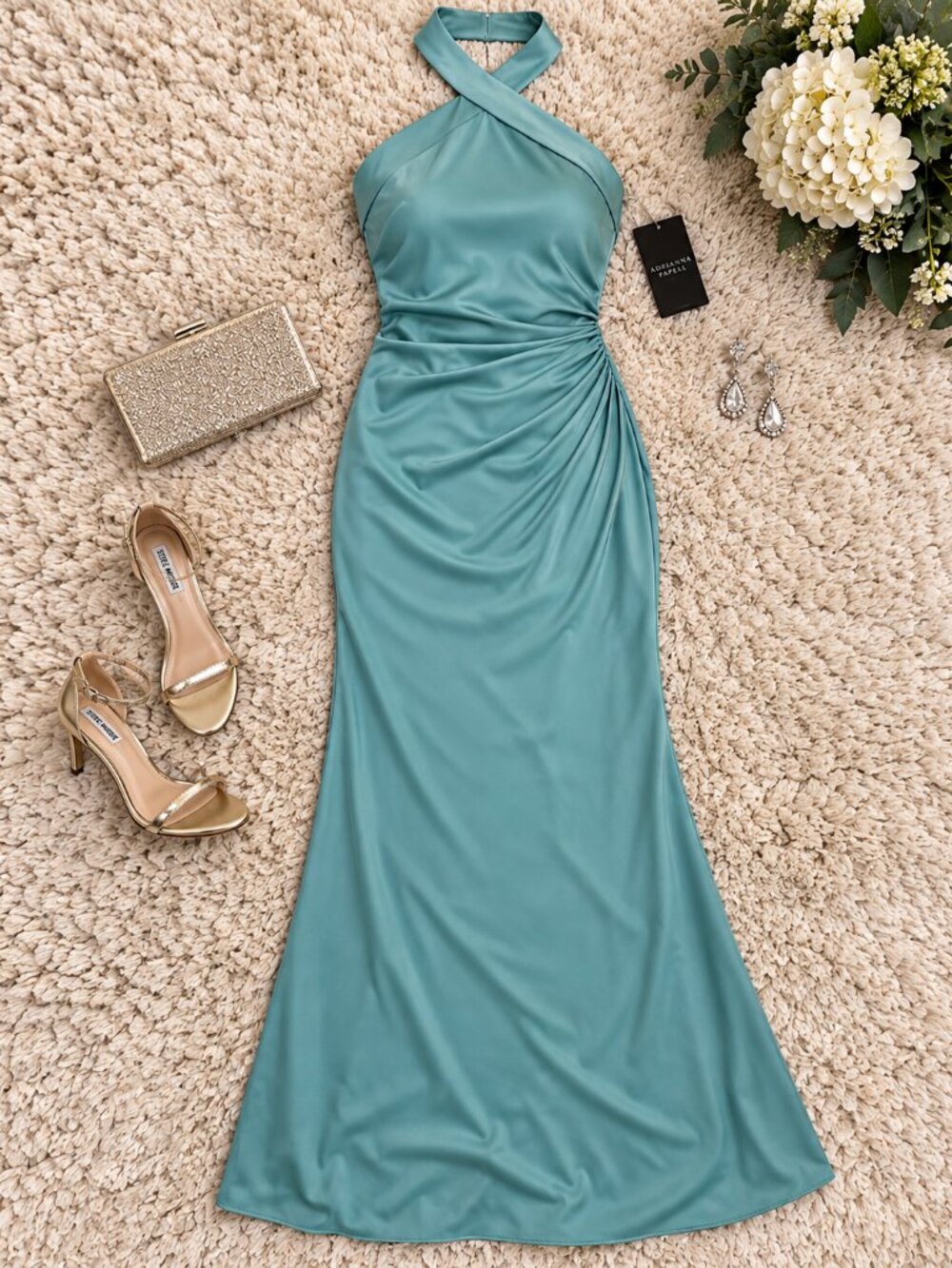 Adrianna Papell Jungle Olive Halter Formal Maxi Gown Size 14 NWT - Picture 4 of 6